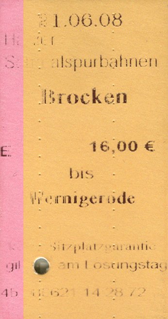 Eingescannte benutzte Fahrkarte von der Harzer Brockenbahn HSB von der Fahrt vom Brocken nach Wernigerode am 21. Juni 2008.